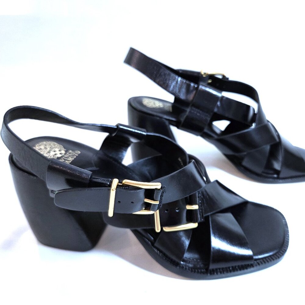 NWOT Vince Camuto Black Leather Open Toe Block Slingback Sandals Size 8.5